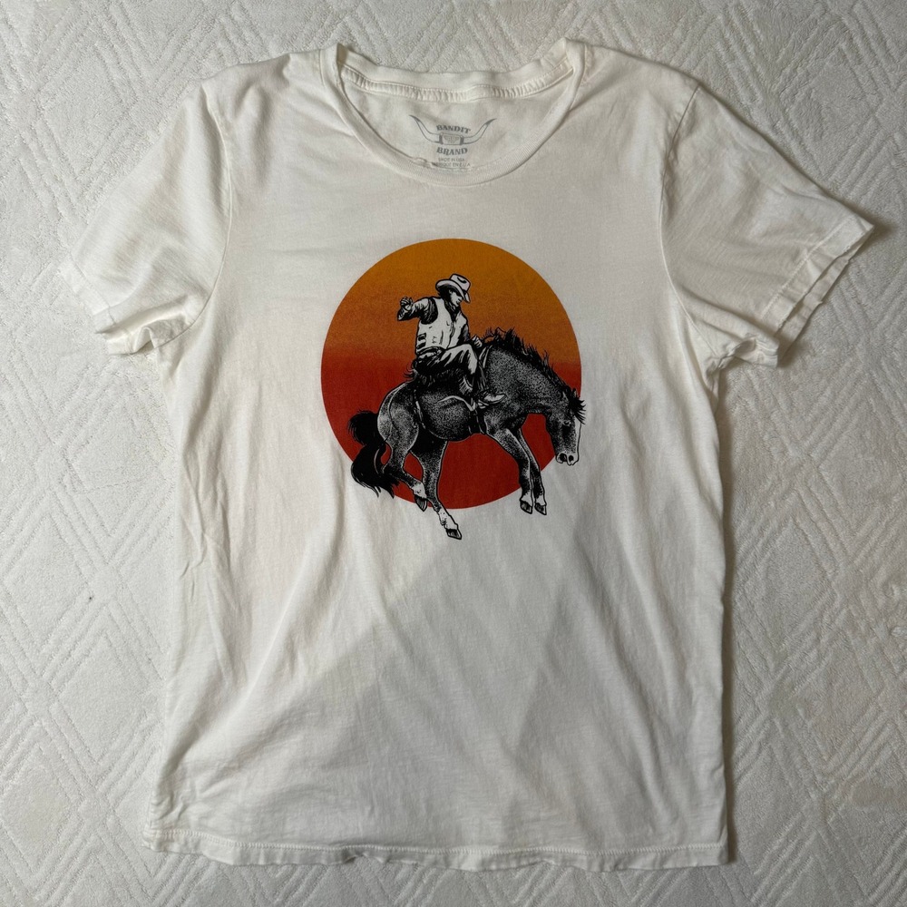 Western Cowgirl Bandit Brand Bucking Bronco Graphic Tee White L Made USA
